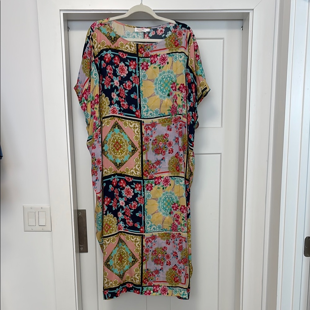 Johnny Was Patchwork Floral Shift Dress in Navy, Yellow & Pink